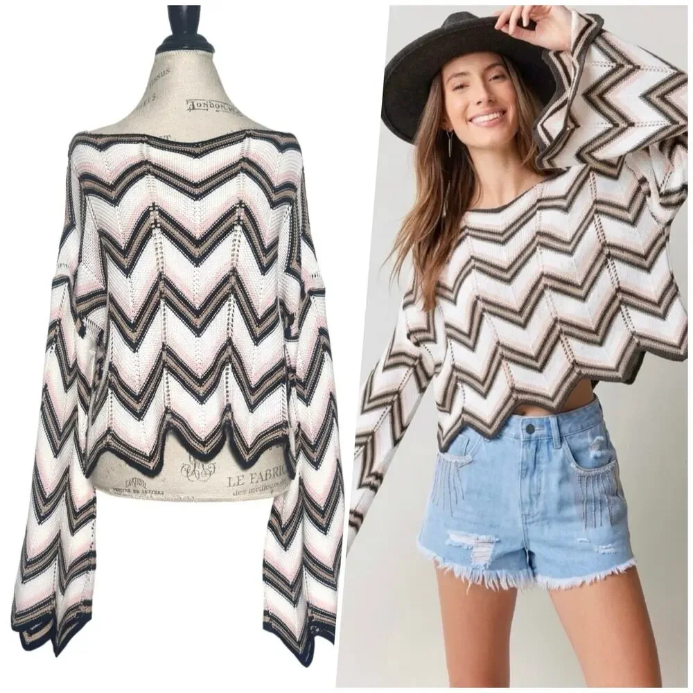 Audrey Parks | Women | Chevron Cropped Pointelle Crochet Knit Sweater | large